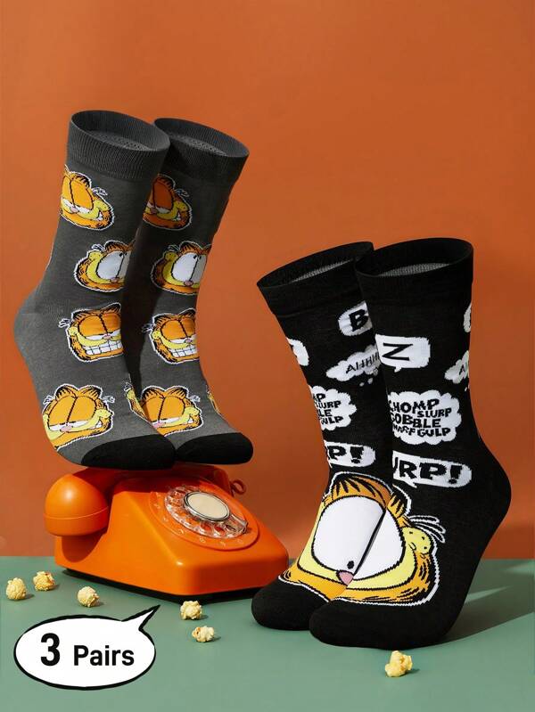 GARFIELD X SHEIN 2 Pairs Soft & Breathable Moisture-Wicking Casual Men Crew Socks With Cat Pattern Fashionable And Cute Grey & Black Crew Socks Reinforced Toe & Heel For Durability Unisex For Men & Women All Season All-Match