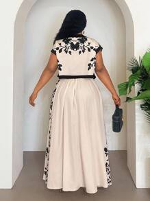 Veslaya Plus Size Floral Print Short Sleeve Top And Pocketed Skirt, Casual 2 Pieces Set Plus Size Floral Two Piece Set Maxi Skirt Two Piece Set