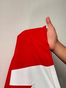 Slaydiva 2 sztuki/zestaw Plus Size Women 2025 Wiosna Jesień Swobodny Sportowy Strój Uliczny - Luźny Kontrastowy Kolor Patchwork Podzielony Hem Ściągacz Długi Rękaw Koszula Kołnierz Zamek Błyskawiczny Top I Ekstra Szerokie Nogawki Długie Spodnie, Tkanina Tkana - Czerwony i biały - Zobacz 9