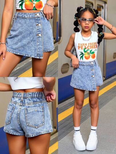 SHEIN Tween Girl Summer Y2K Casual Boho Asymmetrical Button Blue Denim Skort, For Girls Summer Clothes Vacation And Daily Streetwear, Girls Back To School Clothes, Tween Girl Denim Skirt, Tween Girl Denim Shorts, Y2k Denim Skirt