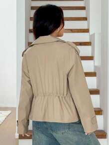 SHEIN EZwear Áo khoác Trench eo ngắn mới về mùa thu - Màu Khaki - Xem 2