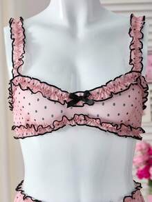 Polka Dot Ruffle Cute Sweet Girl Bra + Pleated Mini Skirt Sexy Lingerie Set For Women - Pink - View 6