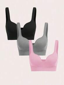 Easithlete 3 件套女士纯色低胸日常健身运动服运动文胸 3 件套健身套装健身文胸套装女士健身套装运动文胸套装运动文胸文胸上衣内置文胸上衣 - 彩色 - 查看 1