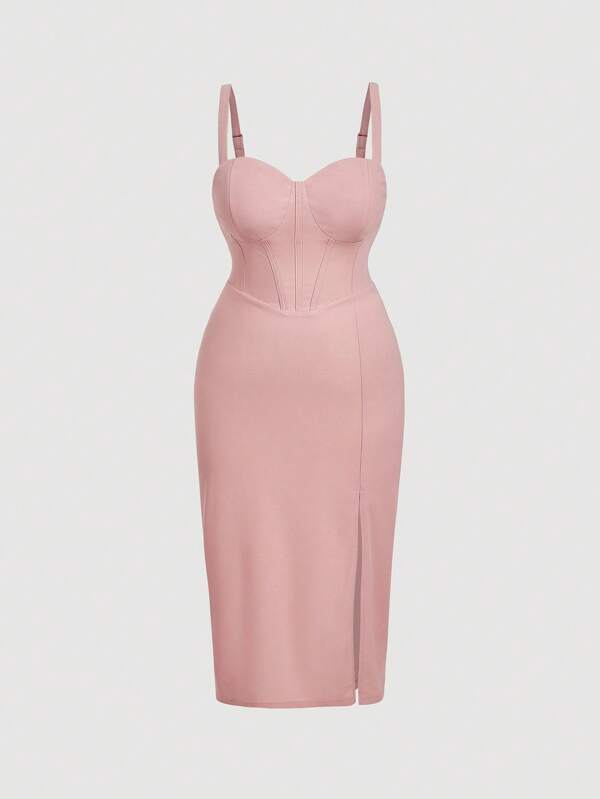 SHEIN MOD فستان إناث بخصر كبير بلون واحد مع تقسيم الذيل أنيق بحمالات سباغيتي