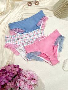 Tween Girl 3pcs Contrast Mesh Ruffle Trim Bikini Panty - Multicolor - View 4