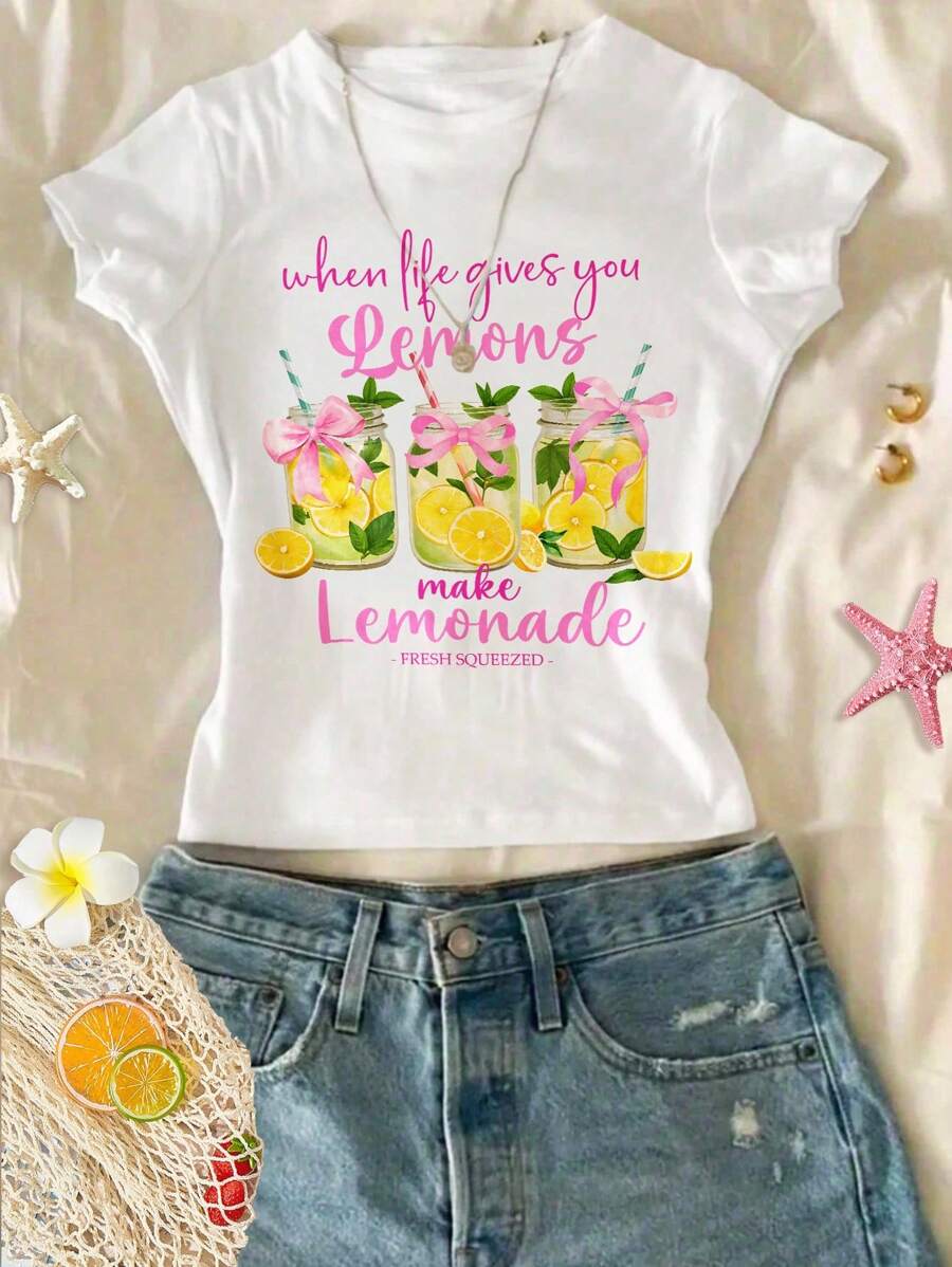 SHEIN Chill Summer, Cute Summer Fruit Bow Lemon Tea Pattern, "When Life Gives You Lemons, Make Lemonade Fresh Squeezed", Tween Girls Fitted Casual Minimalist Comfy Round Neck Long Sleeve T-Shirt, Suitable For Summer Vacation Lemonade Shirt Girls Summer Tshirt Summer Tshirt Lemonade Shirt Kids Girls Graphic Tee - Multicolor - View 1