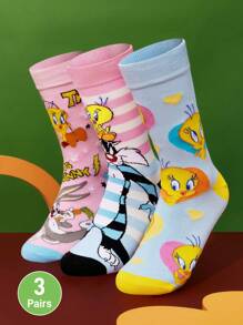 LOONEY TUNES X SHEIN 3 双柔软透气吸湿排汗休闲女士中筒袜，带有 Tweety & Sylvester 和时尚可爱的粉色和蓝色中筒袜，加固脚趾和脚跟，经久耐用，适合所有季节穿着 - 彩色 - 查看 2