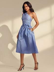 Almamuse Women's Elegant Belted Wide Skirt Stripe Dress - Blue - View 6