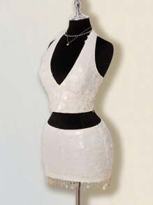 SHEIN ICON Bộ 2 món váy cưới hở vai đính sequin lấp lánh dự tiệc màu sâm panh thanh lịch và váy ngắn cạp thấp dành cho nữ - Màu be - Xem 7