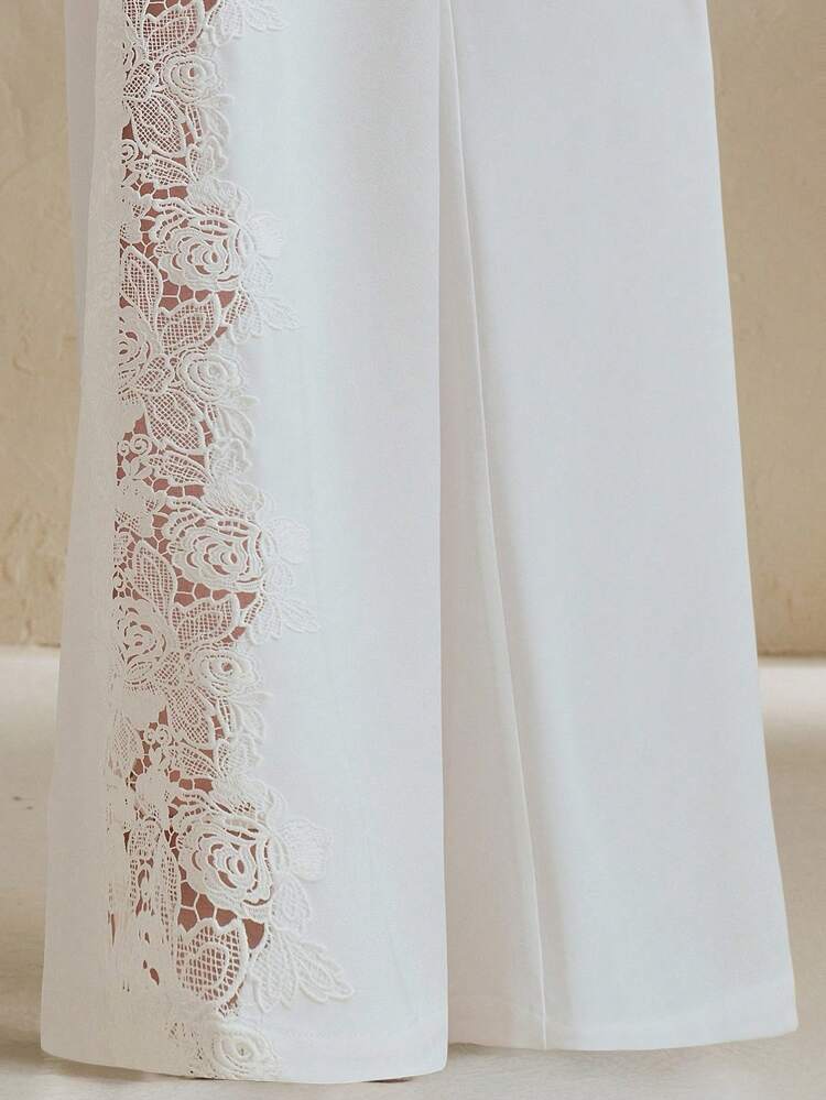 Women Clothes Fall & Winter Comfortable Loose Elegant And Simple Back To School Season Workplace Commuting Daily Leisure Family Gathering Water-Soluble Lace Embroidery With Lining Wide-Leg Solid White Women's Pants