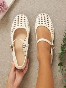 SHUZIA Giày bệt Mary Jane ballet mũi vuông dệt PU thoải mái cho nữ - Màu be - Xem 3