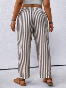 SHEIN PETITE CURVE Plus Size Color Block Striped Cone Shaped Casual Vacation Pants, Petite Plump - Khaki - View 2