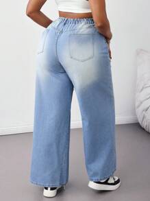 SHEIN Tall CURVE Plus Size Summer Fall Clothes Autumn Clothes Back To School Homecoming Cute 2000s Style Kawaii Y2k Airport For Women Modest Old Money Tulum Women's Casual Loose Distressed Wide,Leg Blue Jeans Ripped Jeans Wide Leg Pants Woman Baggy Jeans