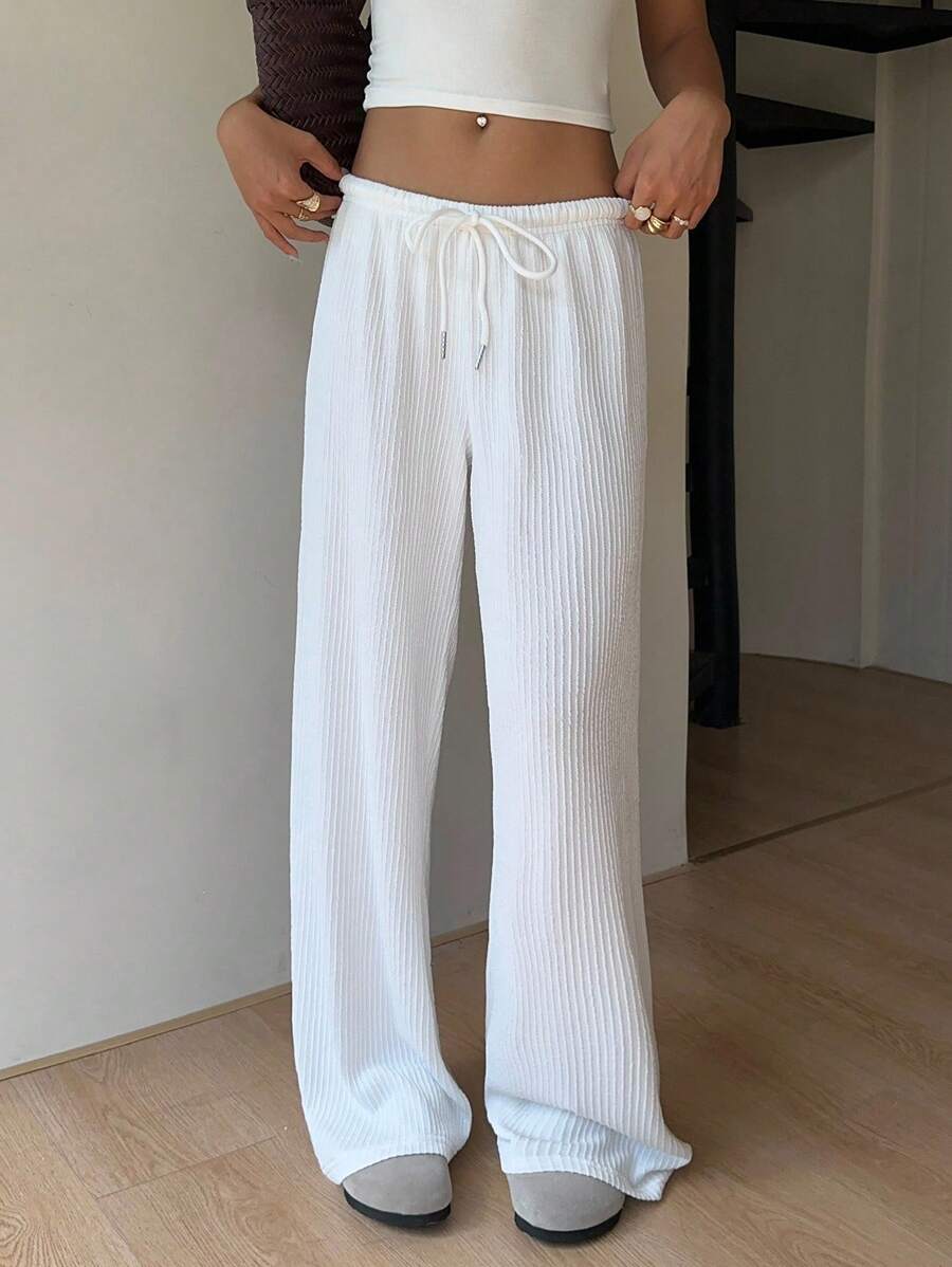 SHEIN EZwear Weiße lässige strukturierte Damenhose mit Kordelzug in weitem Bein, locker geschnitten, für Flughafen, Schule
