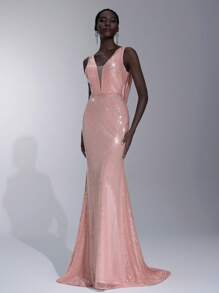 Elitara 优雅亮片刺绣深 V 领露背鱼尾下摆正式晚礼服