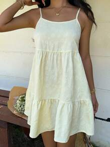 MainGRL Vestido mini de tirantes con volantes en el bajo con estampado floral jacquard amarillo para mujer - Amarillo - Ver 6