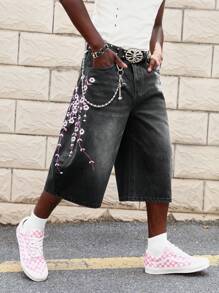 ROMWE MEN Street Life Jeans de mezclilla holgados informales con bolsillo con bordado floral para hombres - Negro - Ver 6