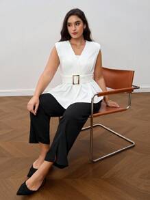 Chikora Veste élégante pour femme grande taille, col V sans manches, couleur unie, ceinture à la taille. Tout blanc. Convient pour les enseignantes, les femmes d'affaires décontractées, le bureau, le travail, les voyages, l'aéroport.