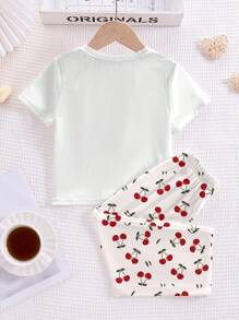 Cute Mini Cherry Print "Chill Chill Summer" Casual Slim Fit Crew Neck Short Sleeve Shorts Set For Young Girls, Suitable For Summer - Multicolor - View 4