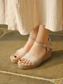 Rosivie 女士时尚杏色休闲坡跟带扣凉鞋 - 杏色 - 查看 5