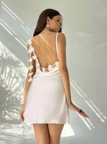 Aloruh 女式优雅露背花卉镂空垂坠领迷你连衣裙 - 杏色 - 查看 2