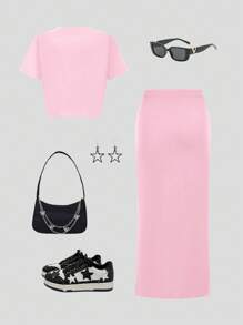 SHEIN 2 件套女孩/青少年条纹针织短款上衣和长裙，休闲日常装