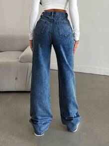 EURMUSE Casual Washed Straight Leg High Waist Jeans - Medium Wash - View 2