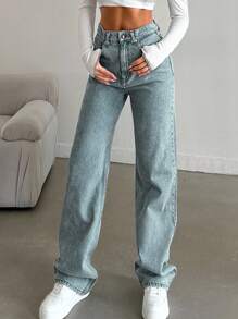 SHEIN Tall Snow Wash Straight Leg Jeans High Rise For Tall - Dusty Blue - View 6