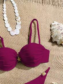 Swim Chiccia 纯色聚拢褶皱交叉比基尼套装，带金属饰边上衣和下装，女士夏季海滩度假两件套泳衣 - 酒紅色 - 查看 3