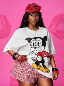 Slaydiva Betty Boop x SHEIN 大码秋冬新品，女士秋冬服装，日常休闲街头风，白色宽松圆领短袖贝蒂卡通印花T恤 - 白色 - 查看 3