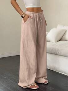 Flirla 女士纯色腰带口袋阔腿宽松休闲裤 - 米色 - 查看 6