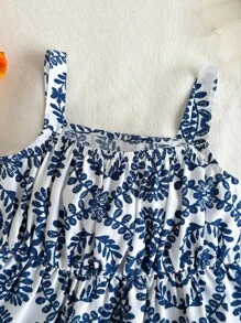 SHEIN Young Girl Adorable Floral Print Ruffle Hem Vacation Dress, Summer Blue And White Dress Girls Blue White Dresses Tween Girls Sundress Girls Summer Dress Sleeveless Aline Dress Girls