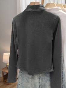 女士新款双拉链夹克，日常合身高弹力羊毛外套 - 深灰色 - 查看 2