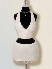 SHEIN ICON Bộ 2 món váy cưới hở vai đính sequin lấp lánh dự tiệc màu sâm panh thanh lịch và váy ngắn cạp thấp dành cho nữ - Màu be - Xem 1