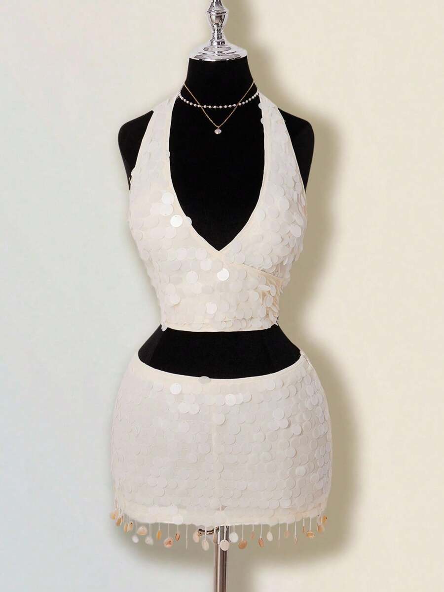 SHEIN ICON Bộ 2 món váy cưới hở vai đính sequin lấp lánh dự tiệc màu sâm panh thanh lịch và váy ngắn cạp thấp dành cho nữ - Màu be - Xem 1