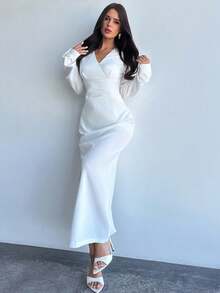Firerie 女士简约优雅休闲/工作装白色 V 领长袖修身连衣裙，适合秋季、复古风格、正式场合 - 白色 - 查看 8