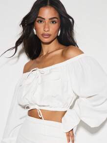 KIZN 露肩短款上衣，长袖泡泡袖，风琴式口袋，修身袖口，松紧腰身，适合派对、晚宴、节日等夏季穿着。 - 白色 - 查看 5