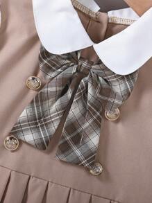 1pc Young Girl Woven Dress, Children Comfortable Khaki Long Sleeve Pleated Dress With Bow And Button Decoration, Fresh And Cute Style Suitable For Autumn, Loose Fit For Various Occasions Like Vacation, Travel, Daily Wear,Back To School Clothes Fall Winter - Khaki - View 4