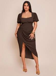 SHEIN BAE 大码女式春夏绿色雪纺褶饰高开衩飘逸连衣裙，短袖连衣裙 - 咖啡棕 - 查看 3