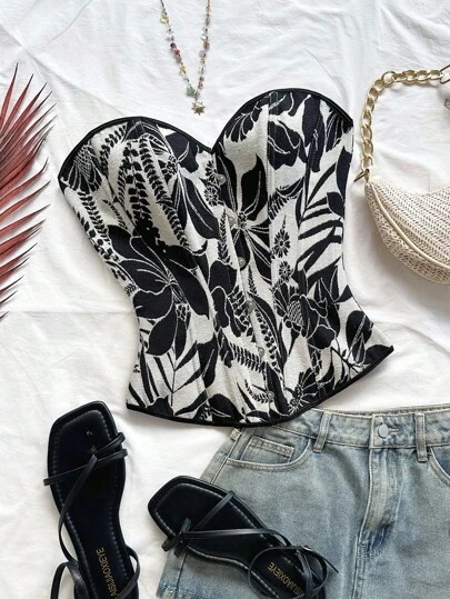 Soleia 莫奈绘画风格复古束身衣上衣，性感露肩紧身胸衣，前卫紧身胸衣，花卉轮廓提花面料，黑白相间，适合夜间外出、婚礼宾客、秋季女装