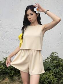 SHEIN Teen Girls' Casual Plain Texture Woven Sleeveless 2 Pieces Set, Spring/Summer - Khaki - View 8