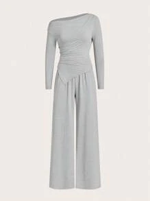 Coolane 女士秋季外出休闲运动基本款简约弹力露肩紧身胸衣 T 恤和慢跑裤，2 件 - 灰色 - 查看 2