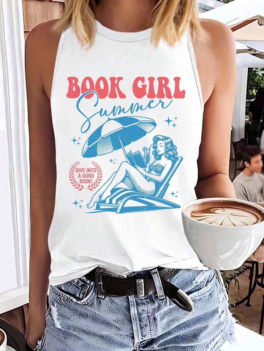 INAWLY 女式夏季字母与海滩女孩印花白色宽松背心 - 白色 - 查看 1