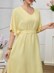 Yasmyna 中东阿拉伯风格黄色V领修腰修身连衣裙，夏季新款女士 - 黃色 - 查看 4