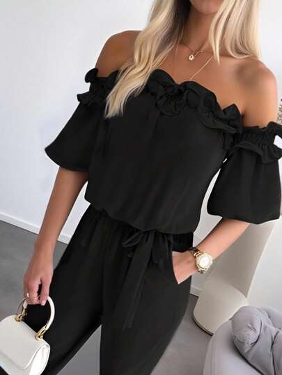 INAWLY Women's Solid Color Off-Shoulder Short Sleeve Pleated Casual Jumpsuit