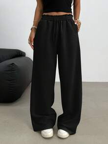 SHEIN 青少年女孩休闲松紧腰阔腿运动裤，适合春、夏、秋、冬 - 黑色 - 查看 8