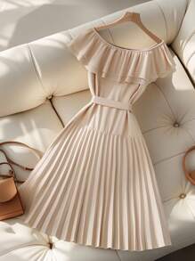 SHEIN Clasi 1pc Comma Collar Ruffle Hem Pleated Casual Commuter Dress - Apricot - View 2