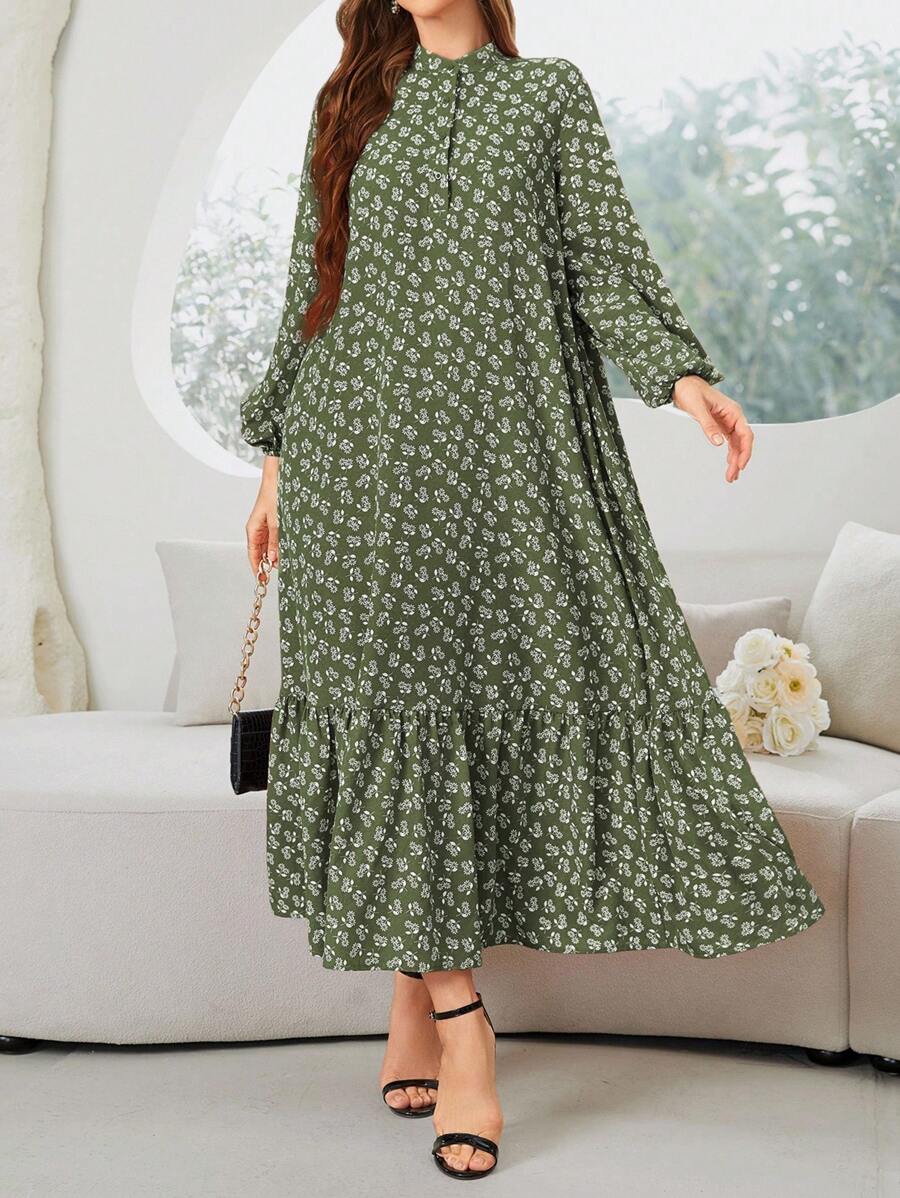 Al Najma Women's Vacation Style Ditsy Floral Half-Button Open Front Lantern Sleeve Ruffled Hem Arabian Dress - Army Green - View 1