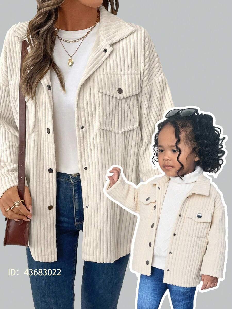 SHEIN Baby Girl Front Button Pocket Casual Versatile Long Sleeve Jacket,In Fall/Winter - Beige - View 1