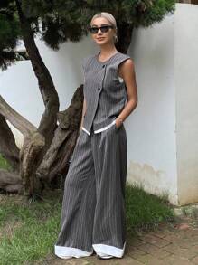 DAZY 2 件套女士夏季撞色条纹背心和裤子两件套休闲套装 - 灰色 - 查看 1